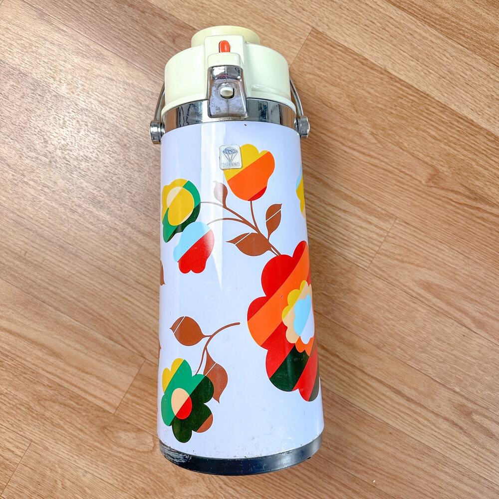 Rainbow Floral 70s Vintage Retro Coffee Carafe Airpot Insulated Pump Dispenser